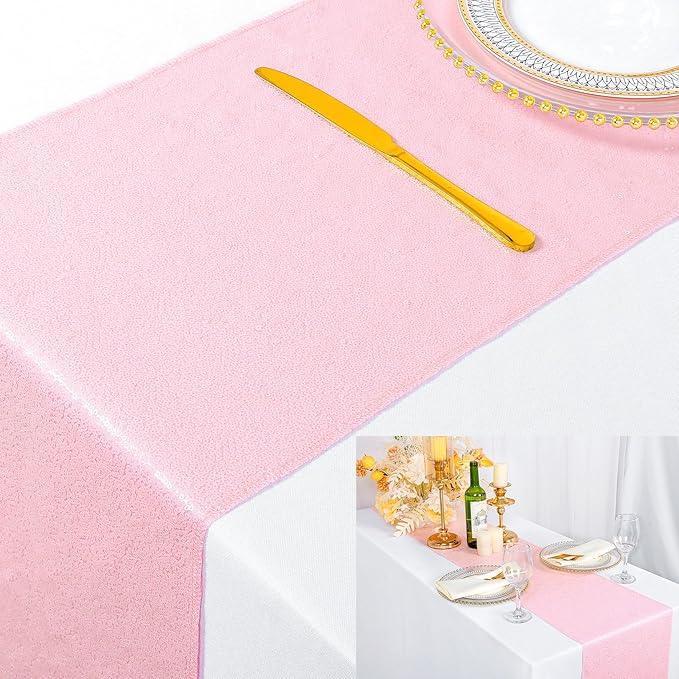 ShinyBeauty Baby Pink Sequin Table Runner 12X108 Inch for Baby Shower, Birthday Party Decorations - Light Pink, Sparkle