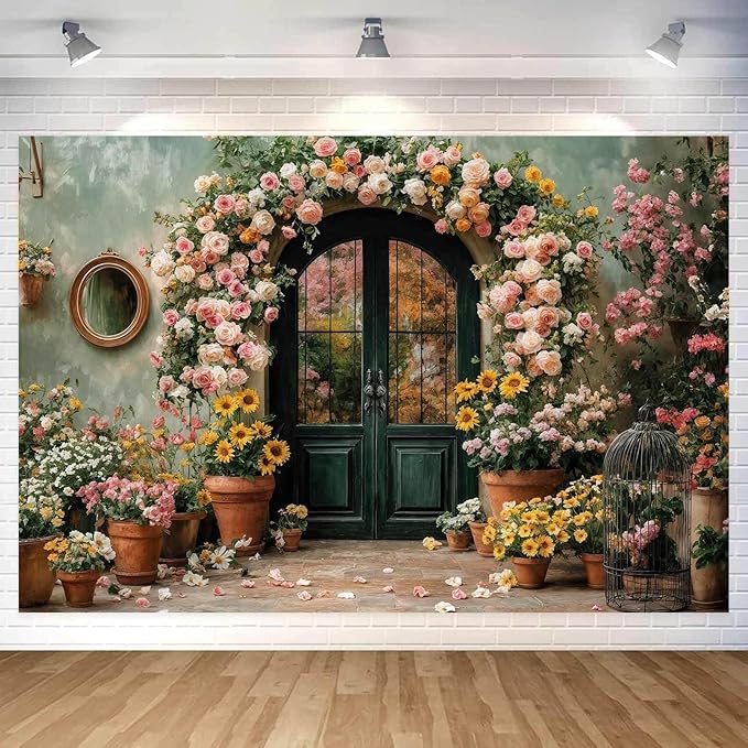 7X5ft Flower Backdrop Coloful Floral Arch Retro Door Photography Backdrops Modern Interior Rustic Style Wall Decoration Wedding Portrait Background Studio Photo Booth Props