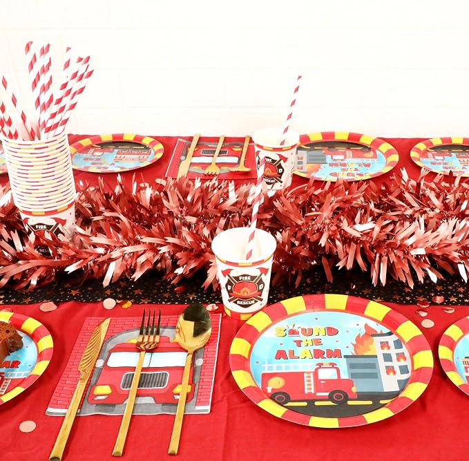 Recheel Firetruck Birthday Party Supplies Decorations, Fire Truck Theme Paper Plates and Napkins Set for 24 Guests, 120 Pcs Disposable Firefighter Party Dessert Dinnerwares