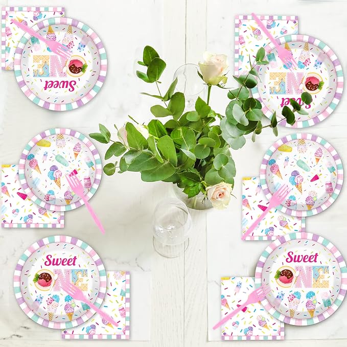 chiazllta 96Pcs Sweet One Ice Cream 1st Birthday Party Paper Plates and Napkins Supplies, Ice Cream First Birthday Tableware Decorations for Party Favors 24 Guests