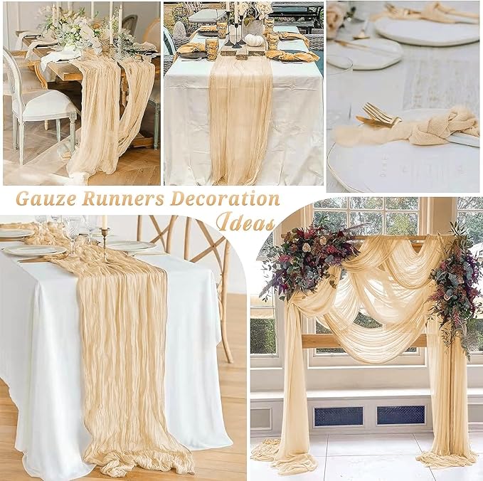 12 Pack Beige Cheesecloth Table Runner, 35x120 Inch Spring Gauze Cheese Cloth Table Runners 10 FT Beige Table Runner for Wedding Baby Shower Birthday Party Table Decors
