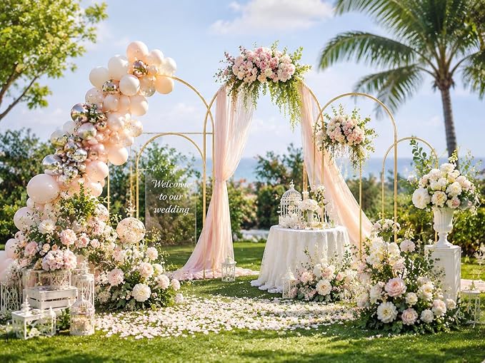 Metal Arch Backdrop Stand Set (7.2 ft + 6 ft), Wedding Arch Frame, Stable Backdrop Stand with Square Base Ground Pegs, Suitable for Birthday Parties, Baby Shower Wreath Decorations (2-Piece Set)