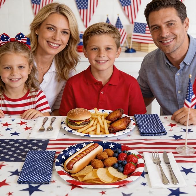 Patriotic Party Decoration Plates Set, 100Pcs 4th of July American Flag Red White Blue Disposable Paper Plates and Napkins Heavy Duty for Independence Day, Veterans Day, Election Day Party Supplies