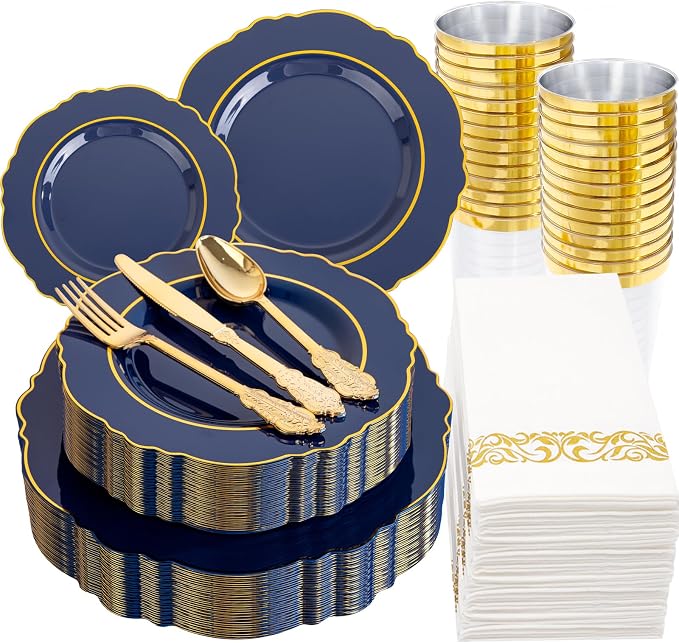 KIRE 210Pcs Navy Blue Plastic Plates - Blue and Gold Plates Disposable - 30guest Baroque Plastic Dinnerware for Upscale Wedding/Parties/4th of July