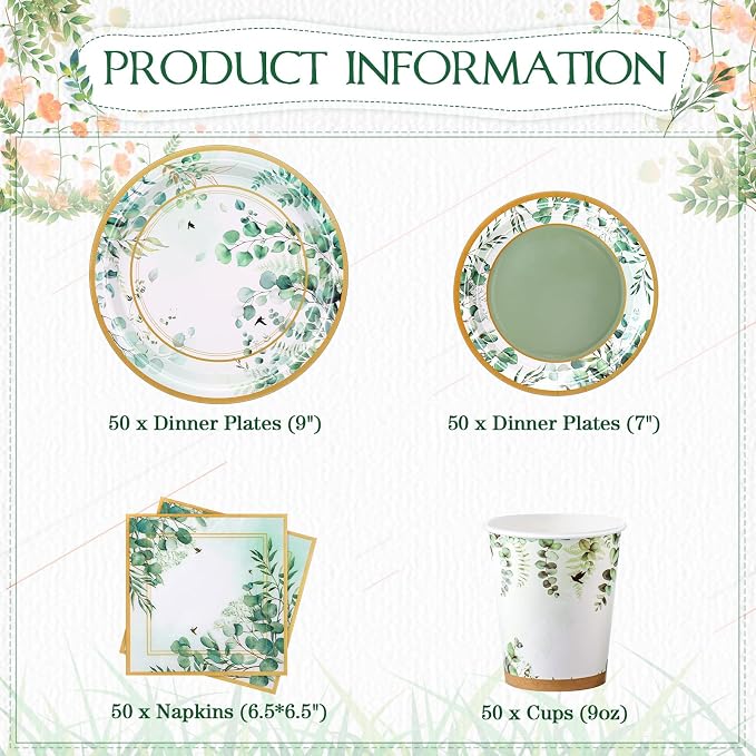 Pickmesh 250 Pcs Sage Green Party Supplies Paper Plates and Napkins Cups Dinnerware Sage Green Disposable Tableware Set for Birthday Bridal Baby Shower Wedding Decoration Serves 50