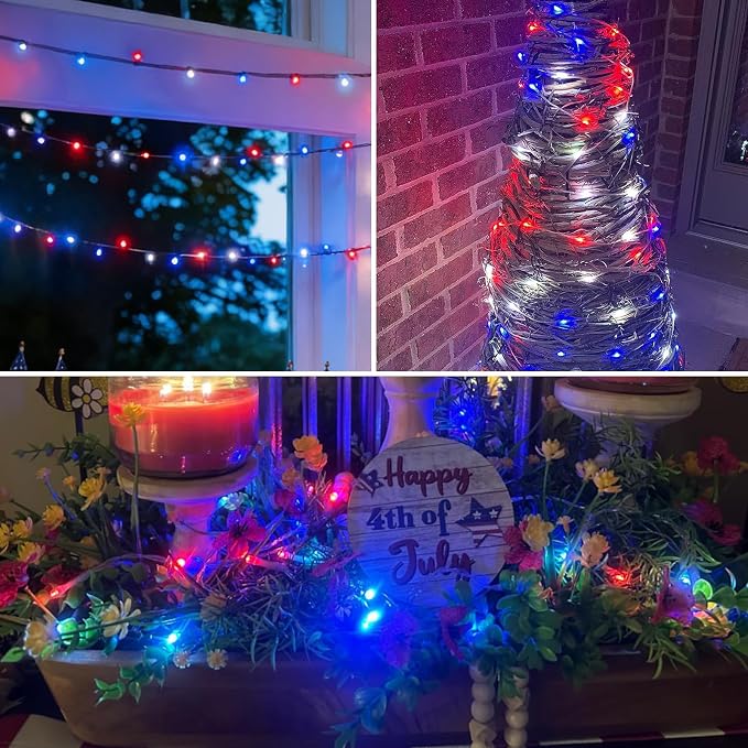 QITONG Red White and Blue Patriotic Fairy Lights Battery Operated, 8 Pack Each 16ft 50 LED 4th of July Lights Outdoor Waterproof, Silver Wire Christmas Twinkle Mini Lights for Memorial Independence
