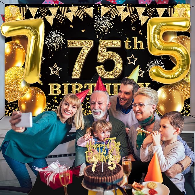 75th Birthday Decorations Men Women with 75th Birthday Banner, Black and Gold Table Cloth, Number Balloons, Large Sash, Cake Topper and Candles
