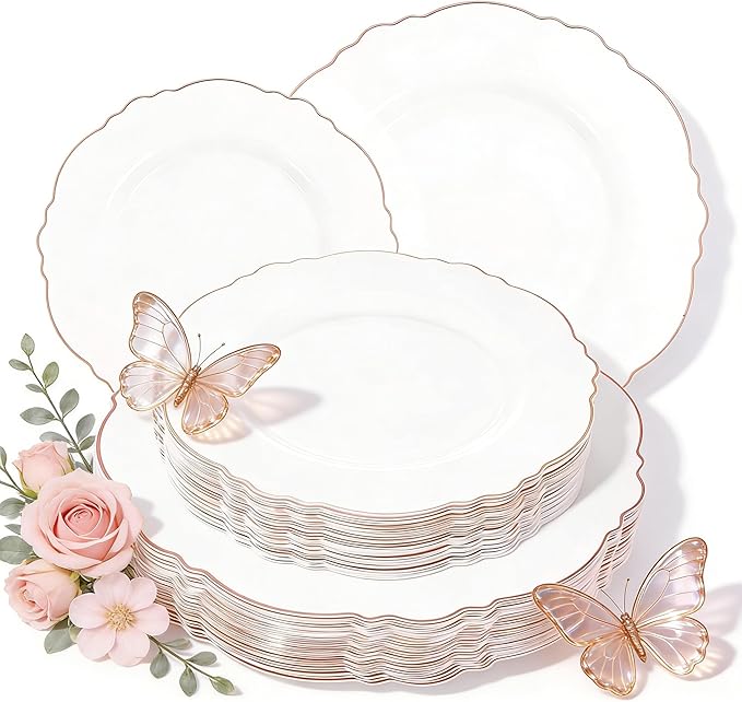 WDF 60pcs Rose Gold Plastic Plates-Baroque White &Rose Gold Disposable Plates including 30Plastic Dinner Plates 10.25inch, 30 Salad Plates 7.5inch for Wedding/Party/Birthday/Mother's Day
