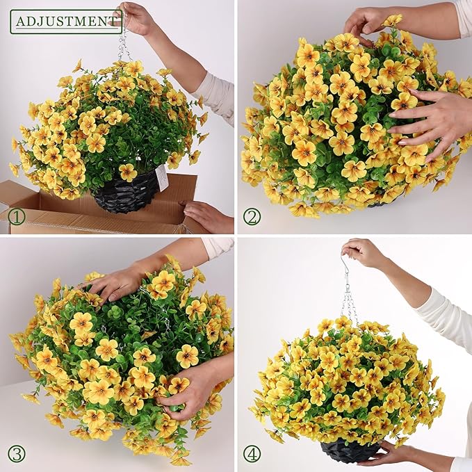 VIERENA 2 Sets Artificial Morning Glory and Eucalyptus Hanging Basket for Outdoor, UV-Resistant Fake Flower Hanging Basket, Suitable for Porch, Aisle, Garden, Patio, Eaves Decor (Yellow)