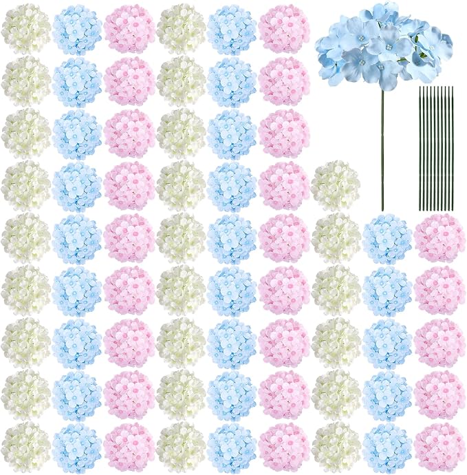 Auihiay 64Pcs Hydrangea Artificial Flowers Bulk, Faux Hydrangea Flowers Heads with Stems for Engagement Baby Shower Wedding Arch Birthday Anniversary Bridal Shower(Mixed Color)