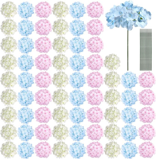 Auihiay 64Pcs Hydrangea Artificial Flowers Bulk, Faux Hydrangea Flowers Heads with Stems for Engagement Baby Shower Wedding Arch Birthday Anniversary Bridal Shower(Mixed Color)