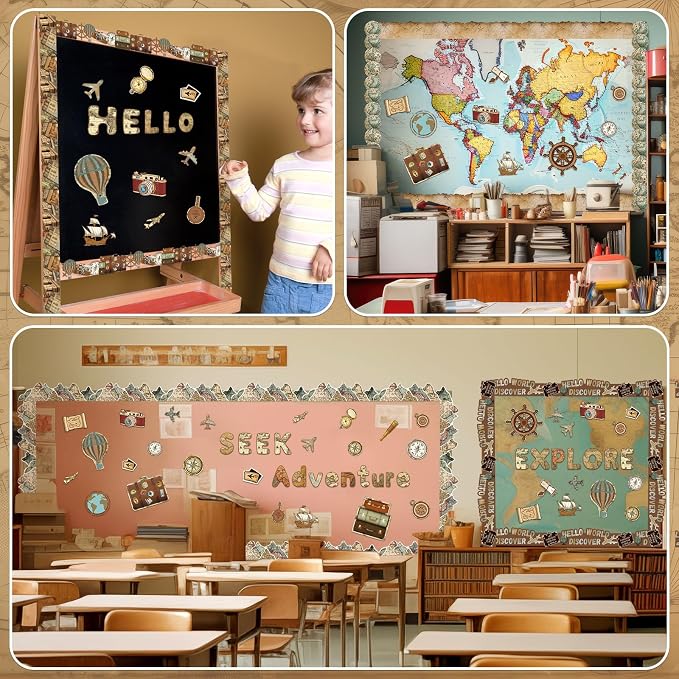 Kosiz World Map Bulletin Board Decoration Set 118 ft Scalloped Bulletin Board Borders Classroom Poster Border Trim with 257 Pcs Letter Number Symbol Cutout for School Decor