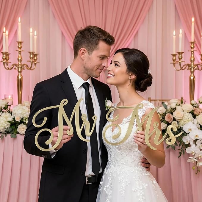 Mr & Mrs Sign for Wedding Chair Decor, Acrylic Gold Mr and Miss Sign,Photo Props, Freestanding Wedding Centerpiece Chair Letters Wedding Decorations for Anniversary,Engagement,Party (Gold, 0.2'')