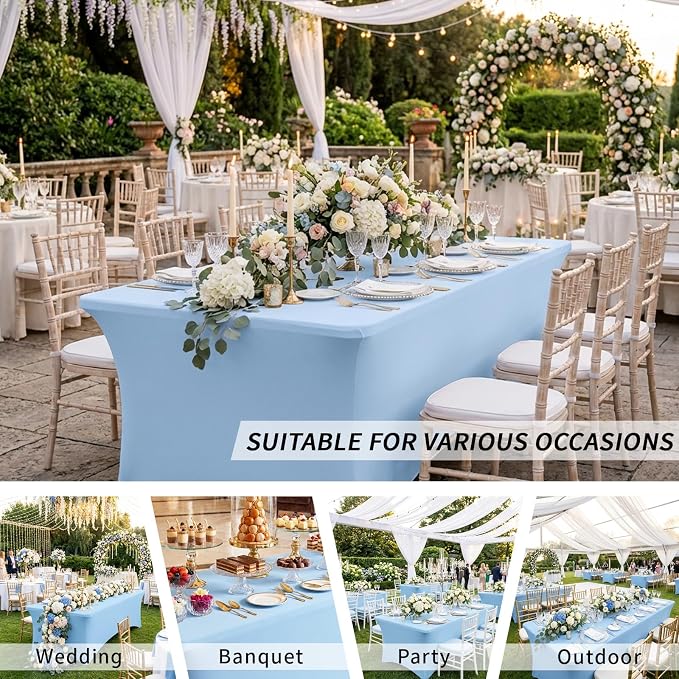 Fixwal Light Blue Stretch Table Cloth Rectangle 2 Pack 6Ft, Spandex Fitted Table Covers Washable for Party, Trade Show, Banquet, Wedding, Buffet
