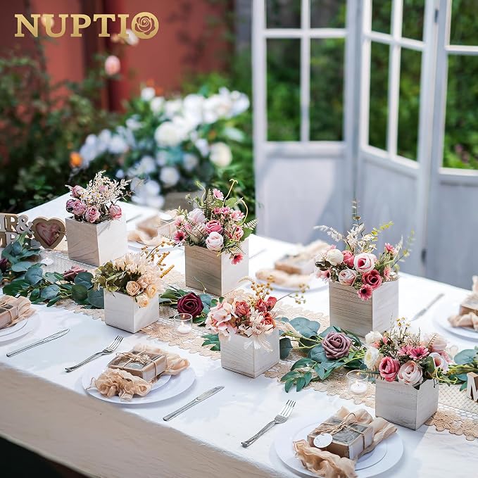 NUPTIO Wooden Box for Centerpiece Wedding: 6 Pcs Rustic Square Planter Box Farmhouse Table Fall Decor - 4×4" & 5×5" Whitewashed Small Wood Vases Flower Pots for Windowsill Home Garden