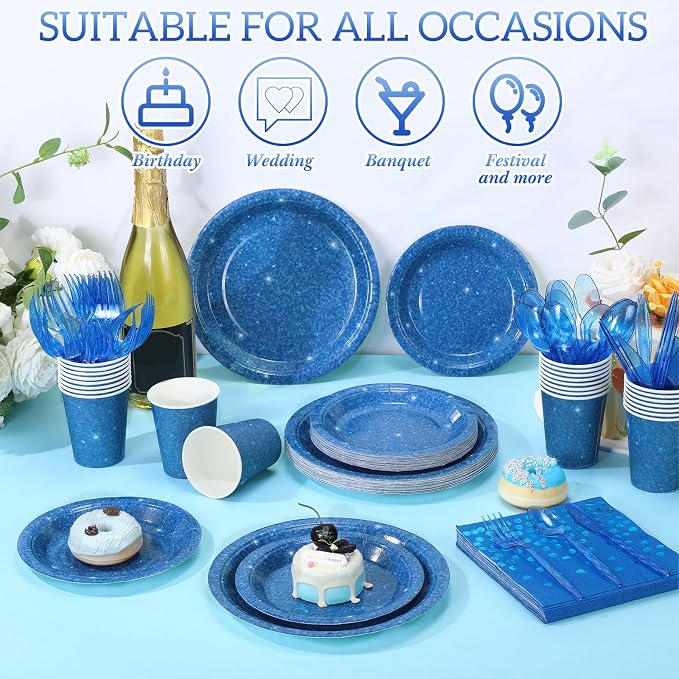 Hushee 175 Pcs 25 Guests Dark Blue Paper Party Plates and Cups Napkins Sets Holographic Glitter Disposable Dinnerware Plastic Forks Knives Spoons Birthday Bachelorette Wedding Party Supplies