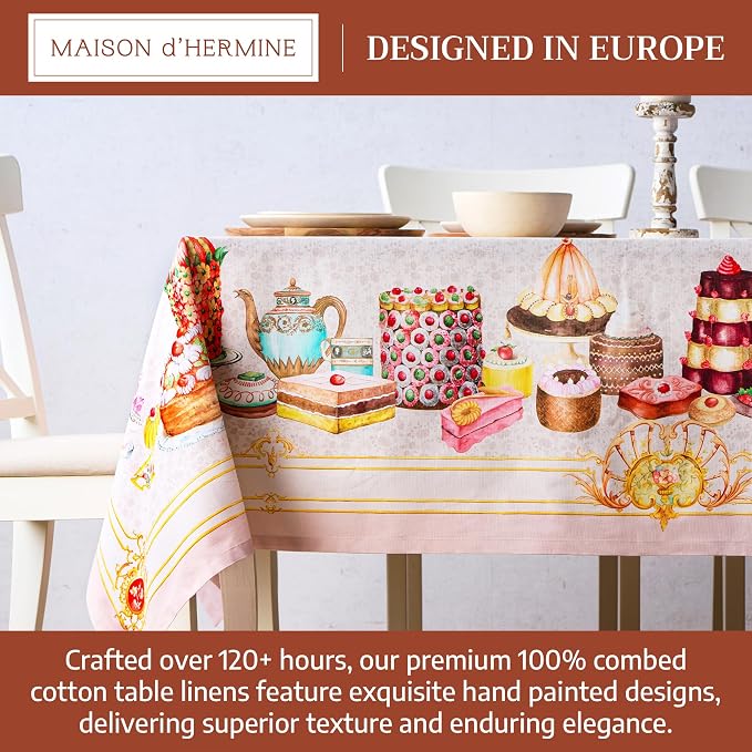 Maison d' Hermine Premium Table Cloth Rectangle Table 100% Combed Cotton 140 x 70 Inches Tablecloth Reusable Decorative for Dining Room, Farmhouse, Home, Party, Festive & Wedding - Pastries