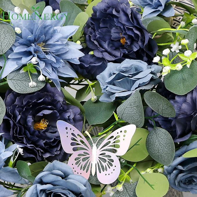 Eucalyptus Garland with Flowers - 2 Pack 5.9 FT Fake Flower Garland with Butterflies Faux Rose Greenery Garlands for Wedding Table Backdrop Arch Centerpieces Decorations - Navy Blue