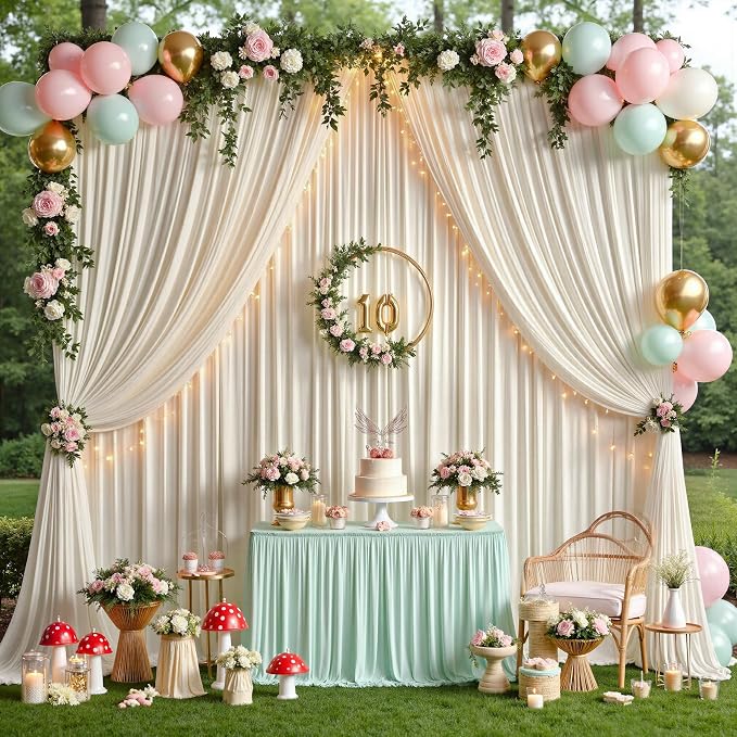 40ftx12ft Beige Backdrop Curtains for Parties, Wrinkle Free Polyester Beige Photo Backdrop Drapes 8 Panels 12 ft Long Back Drop Cloth for Wedding Birthday Photography Background