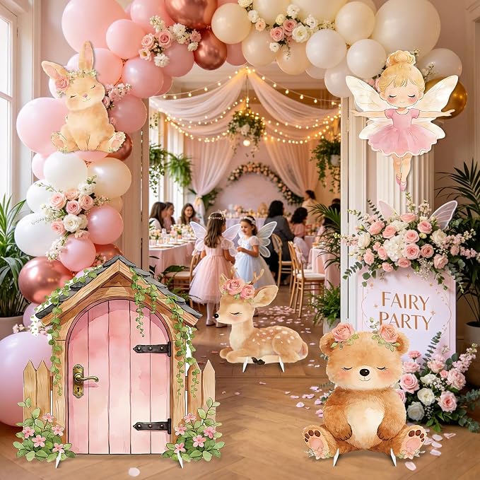 5Pcs Pink Fairy First Birthday Decorations, Large Bunny Bear Deer Fairy House Cardboard Cutout, Woodland Fairy Baby Shower Photo Booth Prop Princess Birthday Party Outdoor Indoor Decor
