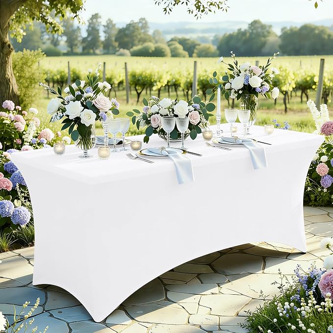 Moosfor Spandex Elastic Fitted 4FT Rectangle Tablecloth 6 Pack, Stretch Washable Reusable Table Cover for Outdoor Picnic, Dining, Wedding, Banquet & Party Events (White, 48Lx30Wx30H Inch)