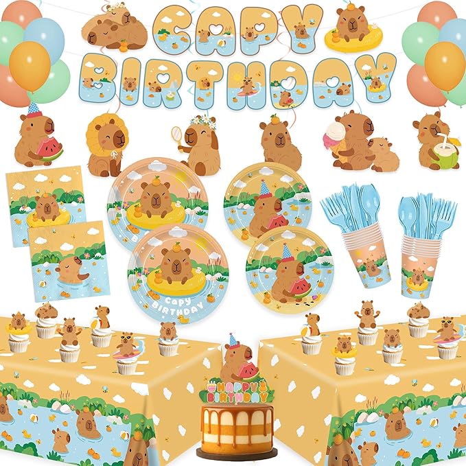 180pcs Summer Capybara Party Supplies Plates Tableware Set Include Plates, Napkins, Cups, Cutlery, Balloon, Banner, Cake Topper, Hanging Swirl, Tablecloth, Capybara Birthday Decorations Serve 20