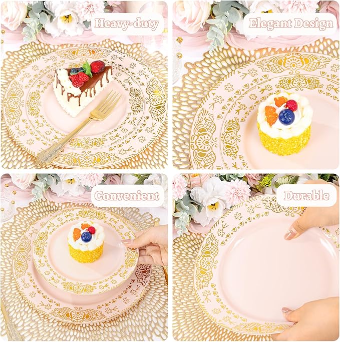 GATHER 350PCS Pink and Gold Plastic Plates - Gold Disposable Dinnerware Set Include 50 Dinner Plates, 50 Dessert Plates, 150 Plastic Silverware, 50 Napkins, 50 Cups for Wedding & Mother's Day