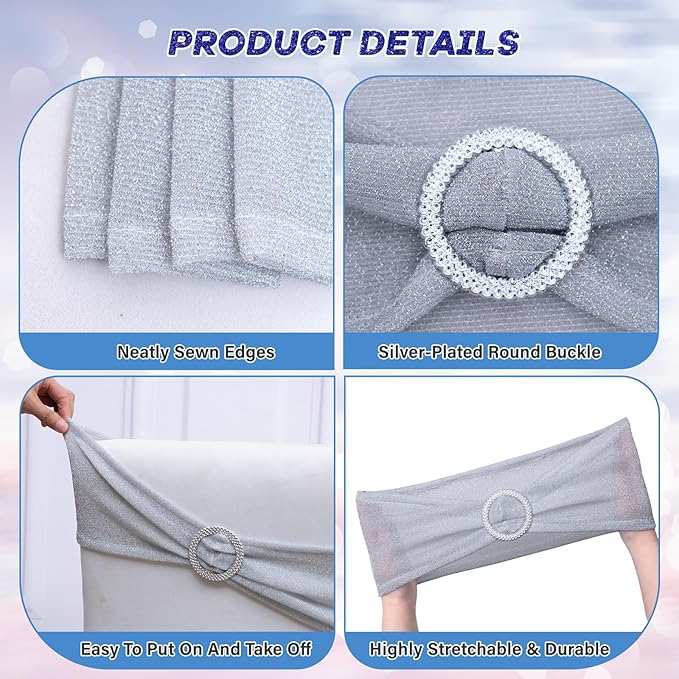 SquarePie Pack of 100 Silver Chair Sashes Bows with Buckle Slider Universal Elastic Spandex Chair Bands Ties for Banquet Event Decor