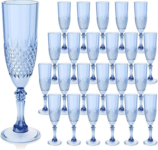 Plastic Champagne Flutes, Champagne Glasses Bulk, Reusable Unbreakable Acrylic Wine Glasses Goblets for Weddings Bachelor Parties Toasting Bridal Shower (24, Blue)