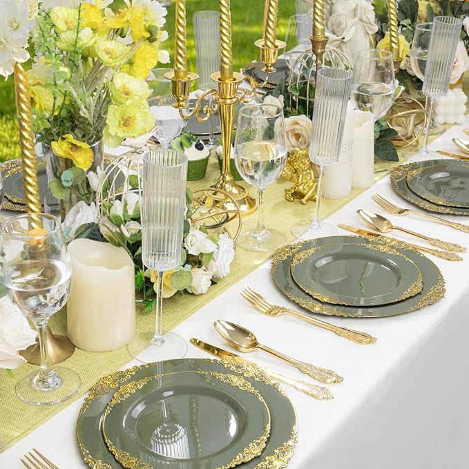 125PCS Olive Green Plastic Plates - Green and Gold Disposable Plates - Vintage Plate with Gold Plastic Silverware Sets for 25 Guests for Wedding & Party & Holiday