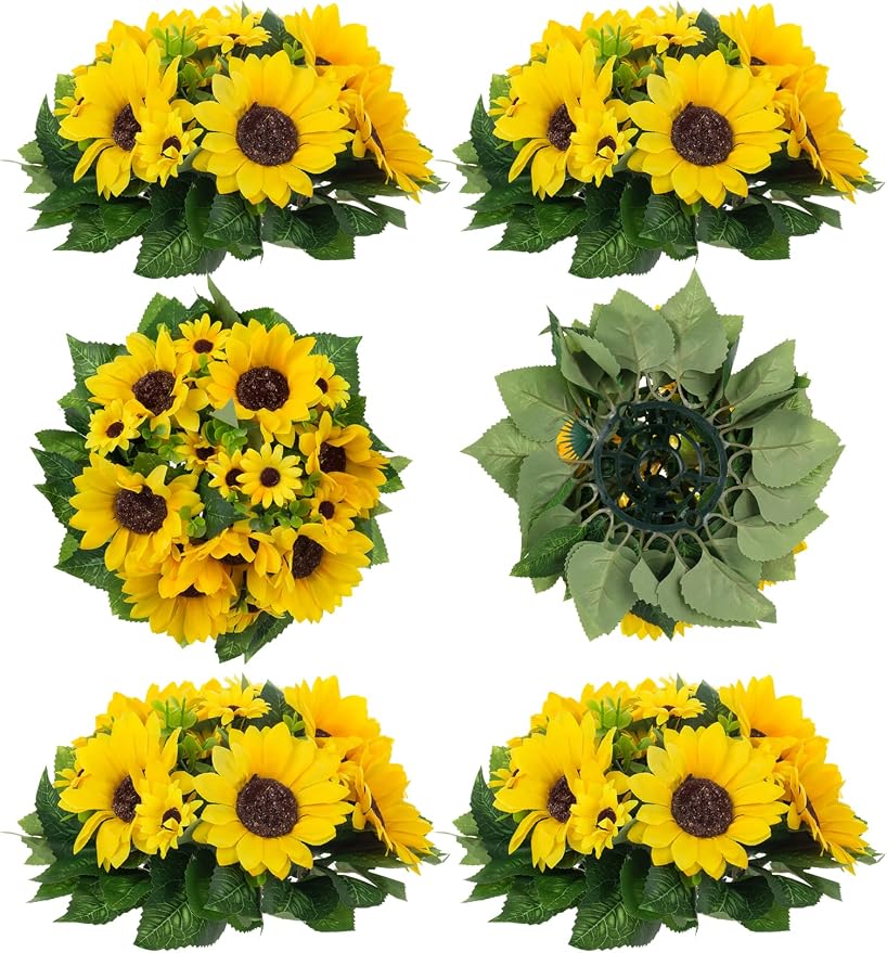 BLOSMON Fake Sunflowers Flower Centerpieces - 6 Pcs Artificial Flowers | Yellow Sunflower for Wedding Table Birthday Decorations - Faux Silk Kissing Floral Arrangements for Home Event DIY Decor