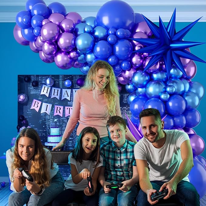 Purple Blue Balloon Arch Kit, Metallic Purple and Blue Balloons Garland Kit with Star Balloons Party Birthday Balloons for Boys Video Game Birthday Baby Shower Engagement Party Supplies