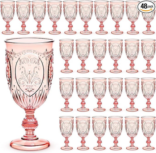 Wiwiqing 48 Pcs Plastic Goblets 7.5oz Vintage Goblet Plastic Wine Glasses Colored Retro Embossed Water Goblets for Wine Bar Juice Baby Shower Wedding Reception Grand Event Party (Pink)