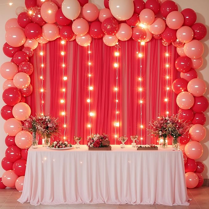 20x10ft Red Tulle Backdrop Curtain with Lights String for Parites, Sheer Photo Backdrop Curtains with Lights for Christmas Wedding Ceremony Reception Bridal Shower Baby Shower Birthday Party
