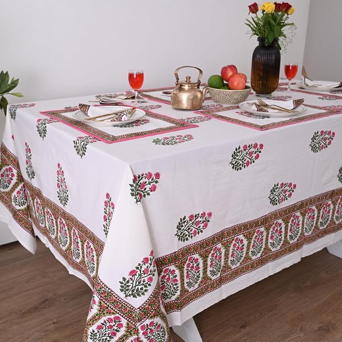 Hand Block Printed Tablecloth, Colorful Floral Print, Indian Artisan Handmade Art, Dining Room, Kitchen, Outdoor Décor, (Soft Petal Glow, 12 Seater 72 x 135 Inches Rectangle)