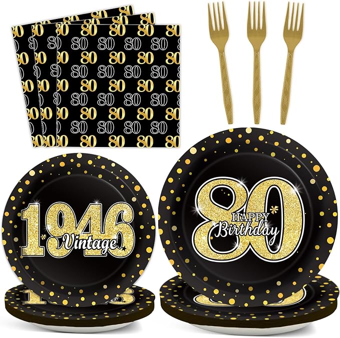 200PCS 80th Theme Birthday Party Tableware Vintage 1946 Party Supplies 80 year old Birthday Party Decorations Plates Napkins Forks Black and Gold Dinnerware Favors for Men or Women