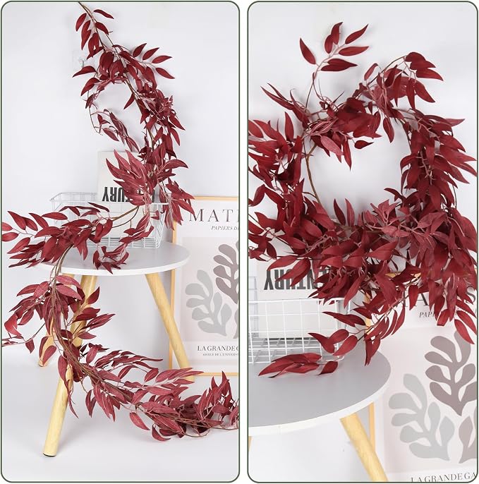 RECUTMS Artificial Hanging Willow Leaves Vine Twigs 2Pcs 5.9Ft Fake Silk Burgundy Leaf Ivy Fall Garland Faux Greenery Indoor Outdoor Valentines Day Wedding Birthday Christmas Thanksgiving Party Decor
