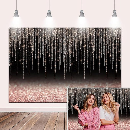 10x8ft Rose Gold Black Glitter Backdrop Rose Gold Pink Black Bokeh Sparkle Sequin Birthday Party Background for Women Girls Graduation Anniversary Baby Shower Banner Kids Portraits Props