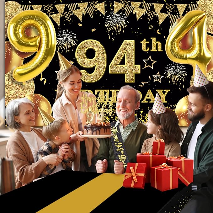 94th Birthday Decorations Men Women with 94th Birthday Banner, Black and Gold Table Cloth, Number Balloons, Large Sash, Cake Topper and Candles