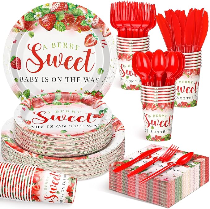 Sliner 175 Pcs Strawberry Baby Shower Paper Plates Napkins Cups Gender Reveal Party Supplies Tableware Set a Berry Sweet Baby Is on the Way Disposable Plates for 25 Guest Girls Summer Party Decoration