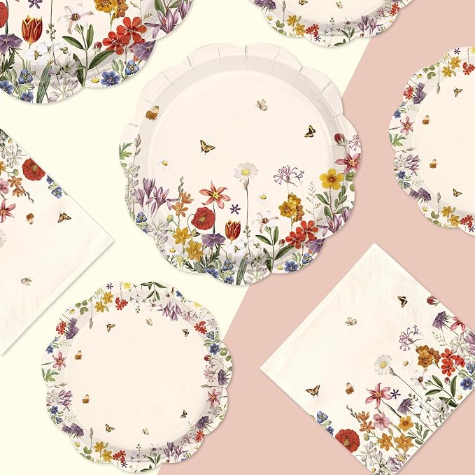 250Pcs Vintage Wildflower Party Supplies Retro Floral Scalloped Plates Napkins and Cups Butterfly Flower Tableware Set for Spring Summer Home Baby Shower Garden Party Decorations Serves 50