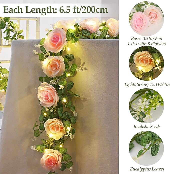 Dolicer 2Pcs Artificial Eucalyptus Garlands with Flowers - 8 Roses, Faux Floral Greenery Garlands Fake Flower Vines for Wedding Table Centerpieces Arch Party Decor (Pink)