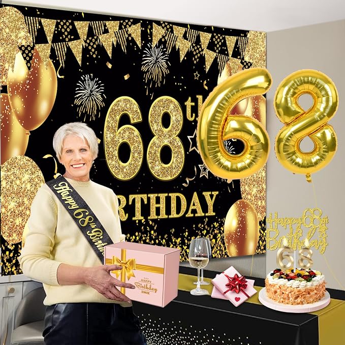 68th Birthday Decorations Men Women with 68th Birthday Banner, Black and Gold Table Cloth, Number Balloons, Sash, Cake Topper and Candles