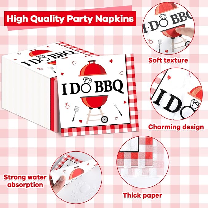 96Pcs BBQ Bachelorette Party Supplies Red and White Plaid Checkered Paper Plates and Napkins I DO BBQ Tableware Disposable Dessert Dinnerware for Barbecue Wedding Bridal Shower Picnic for 24 Guests