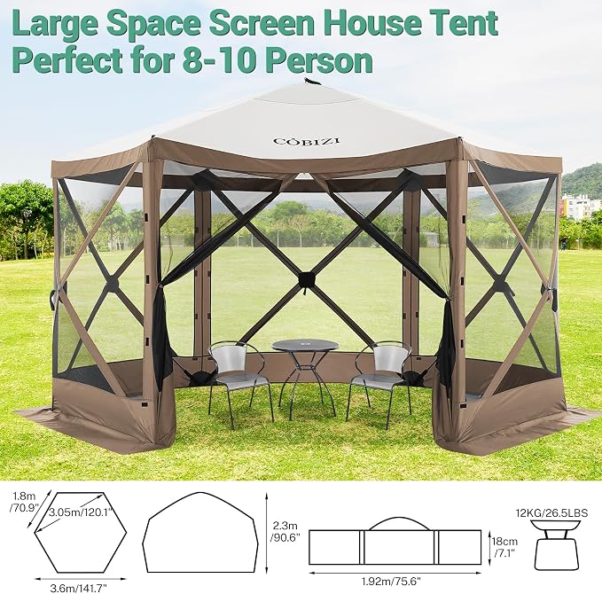 COBIZI 12x12 FT Pop Up Canopy Shelter Tent, Large Gazebos On Clearance with Sidewalls, Screened in Gazebo, Screen Tents Portable carpas para Patio for Outdoor Camping, Backyard, Garden, Beach,Brown