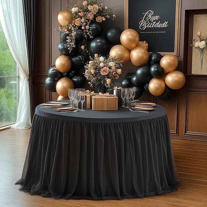 HB HBB MAGIC Black Round Tablecloths 60 inch Stretchy Elastic Fitted Round Table Cloths Round Cover 120 inch, Black Round Tulle Tablecloth Tulle Table Cloth with Skirt for Wedding Birthday Party