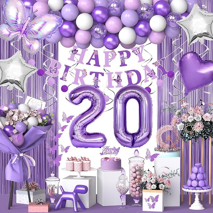 20th Purple Birthday Decorations for Women, NANINUNENO Purple Pink 20th Birthday Decorations Butterfly Theme Lavender Party Decor Set with Number Balloons, Banner, Sash, Butterfly Stickers