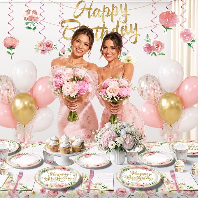 175Pcs Floral Birthday Decorations Set - Serves 20 Guests - All-in-One Flower Theme Birthday Party Decorations Kit with Balloons, Banner, Cake Topper, 350gsm Plates, Tablecloths, Backdrop