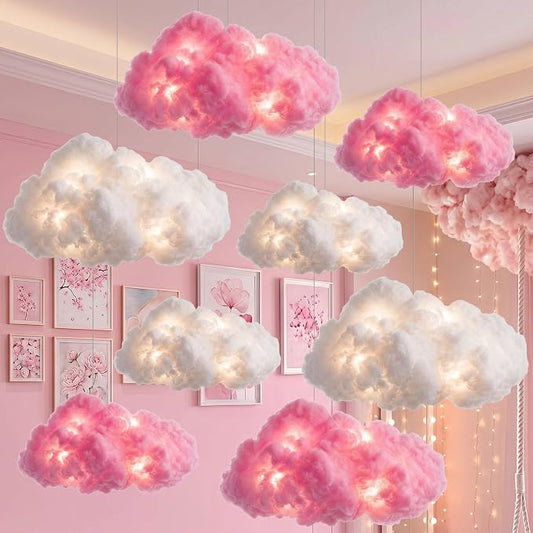 Lewtemi 8 Pcs Artificial Cloud Props with Lights 3D Fluffy Cotton Clouds Decorations 2 Sizes Hanging Clouds with Strings Hooks for Ceiling Room Wedding Party Classroom DIY Kit (White and Pink)