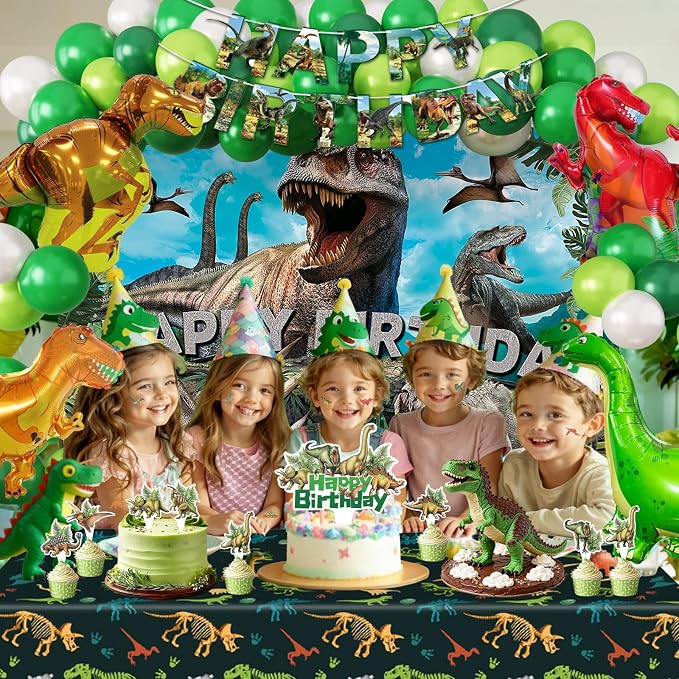 Dinosaur Birthday Party Decorations Kit for Boys - Dino Party Supplies with Tablecloth, Banner, Backdrop, Cake Topper, Balloons & Stickers for Kids